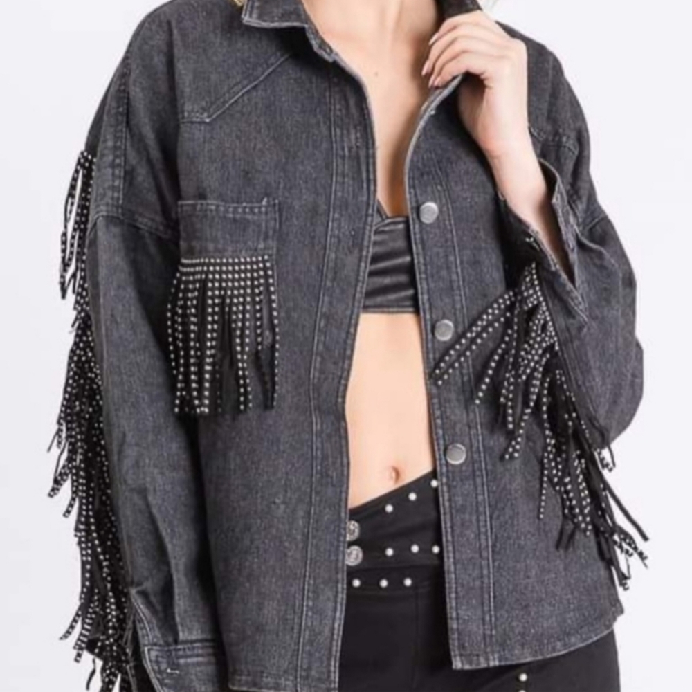 P. Cill Washed Gray Fringed Denim Button Front Shacket Size L